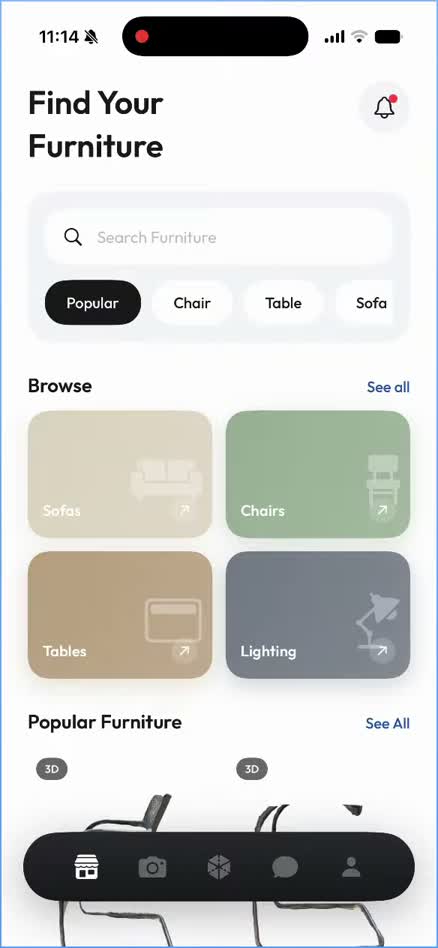The actual RUUM iOS prototype with furniture categories and 3D listings